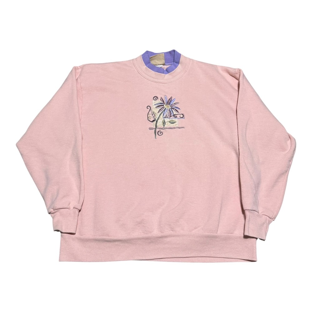 Vintage Top Stitch Embroidered Two Tone Floral Sweatshirt Women's‎ Large